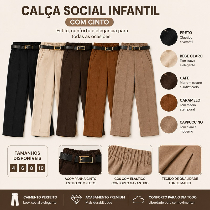 Calça Social Infantil Menina Confortável Alfaiataria Acompanha Cinto Moda Blogueirinha