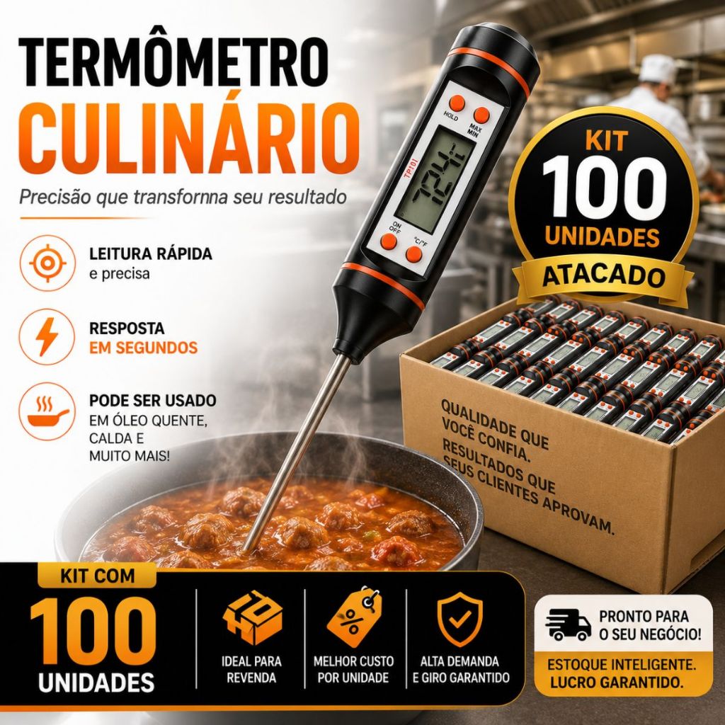 Kit 100 Termômetros Culinário Digital Tipo Espeto Alimento Cozinha Churrasco