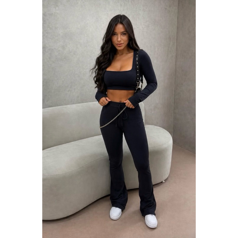 Conjunto Feminino Canelado Premium Cropped Manga Longa + Calça Flare Moda Fitness Casual