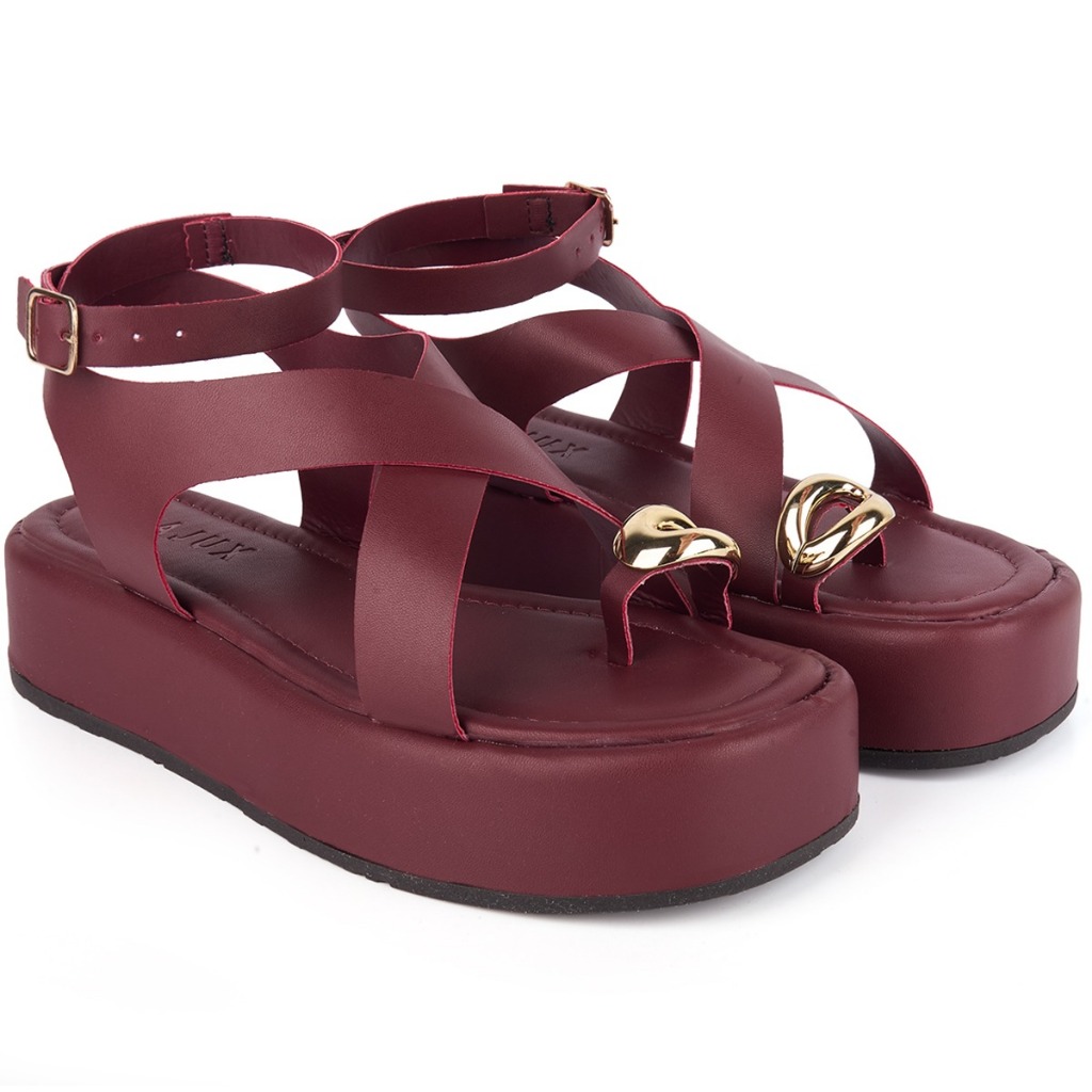 Sandália Flatform Feminina Majux Elegance Tiras Cruzadas com Aplique Metalizado Dourado Confortável