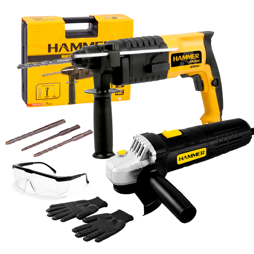 Kit Martelete Rompedor Sds Plus 650W Com Esmerilhadeira 4.1/2 Pol 115mm E Acessorios