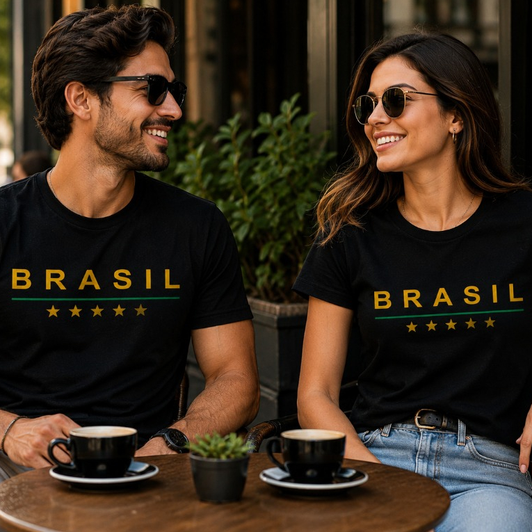 Camiseta Brasil Copa do Mundo Masculino Feminina Preta Futebol Blusa 5 Estrelas Torcida hexa Preta Minimalista Estilosa