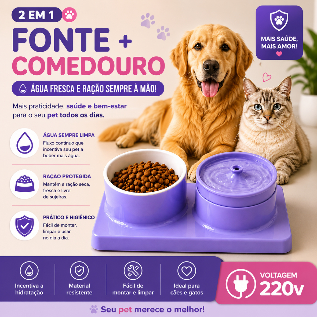 Fonte + Comedouro 2 em 1 para Cães e Gatos 220V