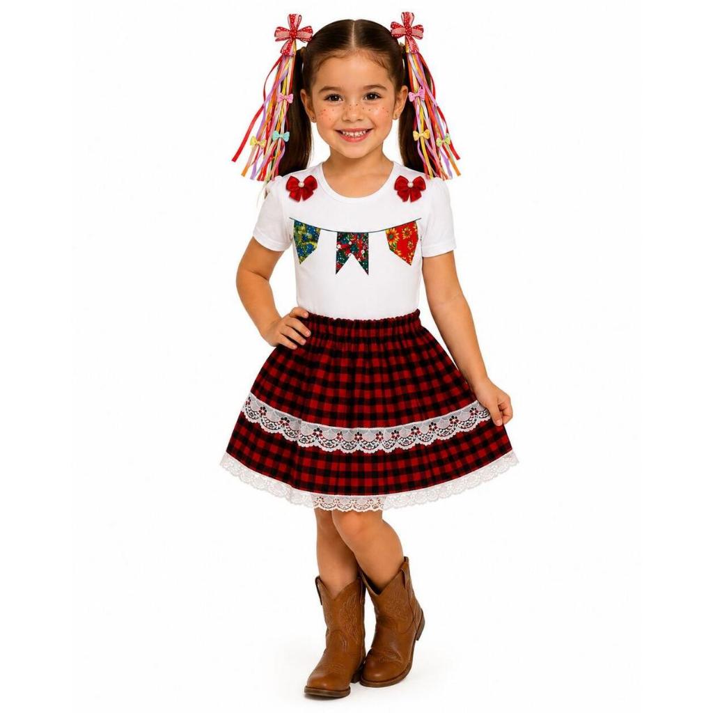 Conjunto Festa Junina Body Estampado Bandeirinhas com Saia Xadrez e Laços de Cabelo Caipira para Meninas