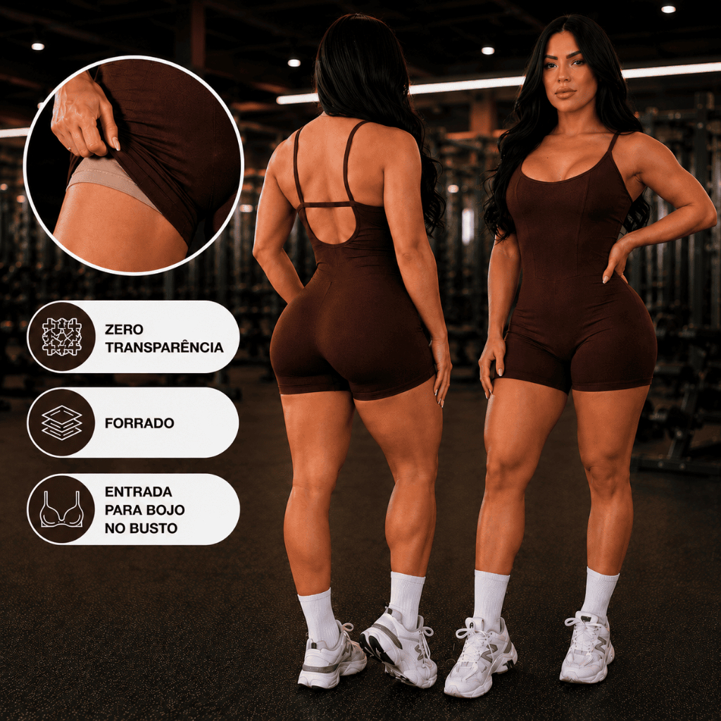 Macaquinho Academia Forrado Feminino Macacão Curto Zero Transparência Suplex com Entrada para Bojo