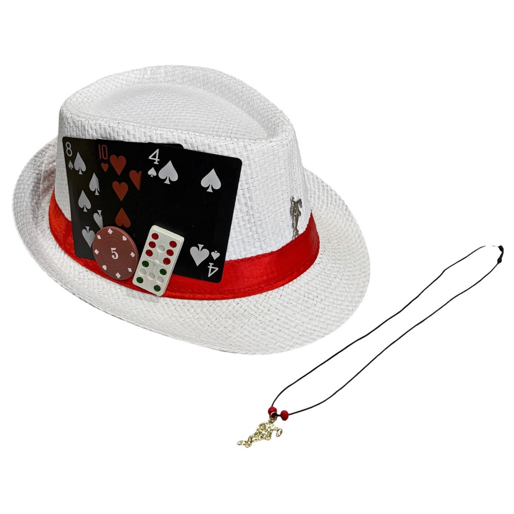 Chapéu De Zé Pilintra Malandro Umbanda Candomble Com Cartas Black Preta Dominó Tamanho 58 Branco