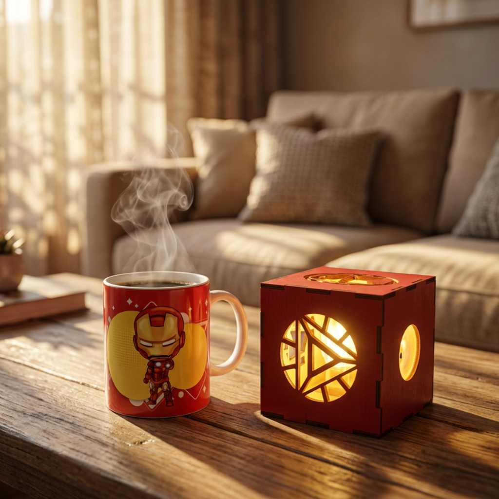 Caneca e Luminária Do Homem de Ferro Chibi em Porcelana e MDF De Decoração