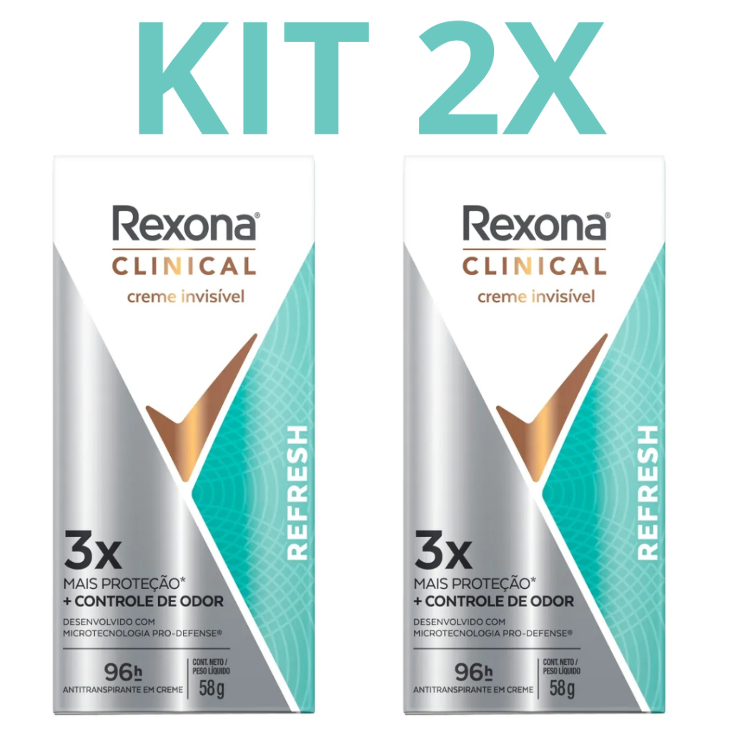 Kit 2 Desodorante Antitranspirante Creme Rexona Clinical Refresh 58g 96h Proteção