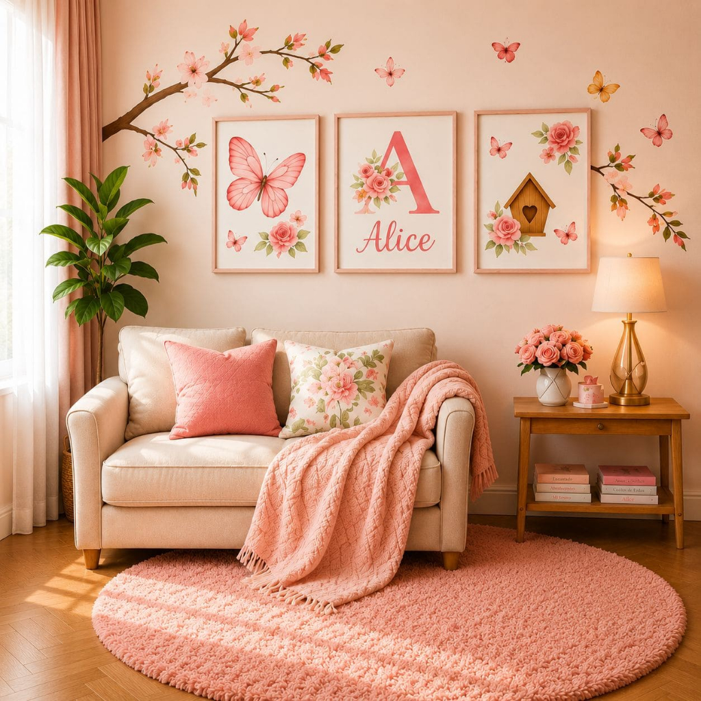 Detalhes do Quadro decorativo 3 peças Borboleta Rosa Flores Personalizado com nome decoraçao quarto infantil