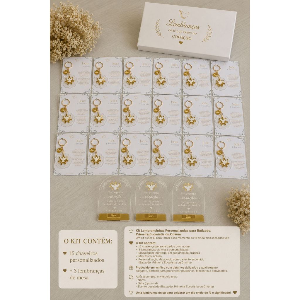 Kit Lembrancinhas Personalizadas para Batizado, Primeira Eucaristia ou Crisma /15 CHAVEIROS + 3 LEMBRANÇAS DE MESA.
