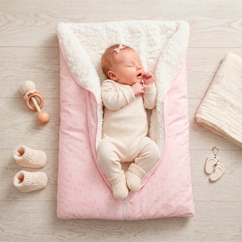 Porta Bebê Menina Forrado em Sherpa Carneirinho Estampa Floral Plush Para Dias Frios
