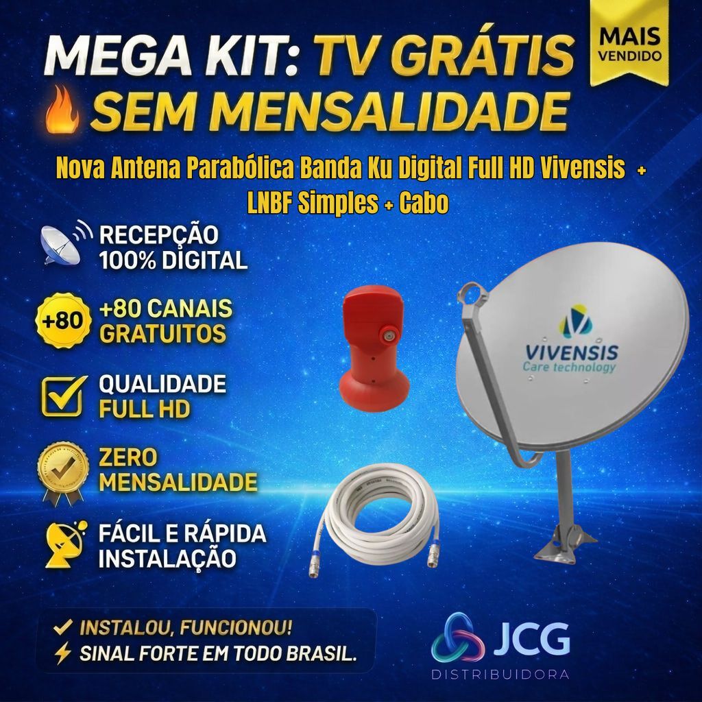 Kit Antena 75cm Banda KU + Lnbf Simples + 15 Mts Cabo RG-59 + 2 conectores RG-59