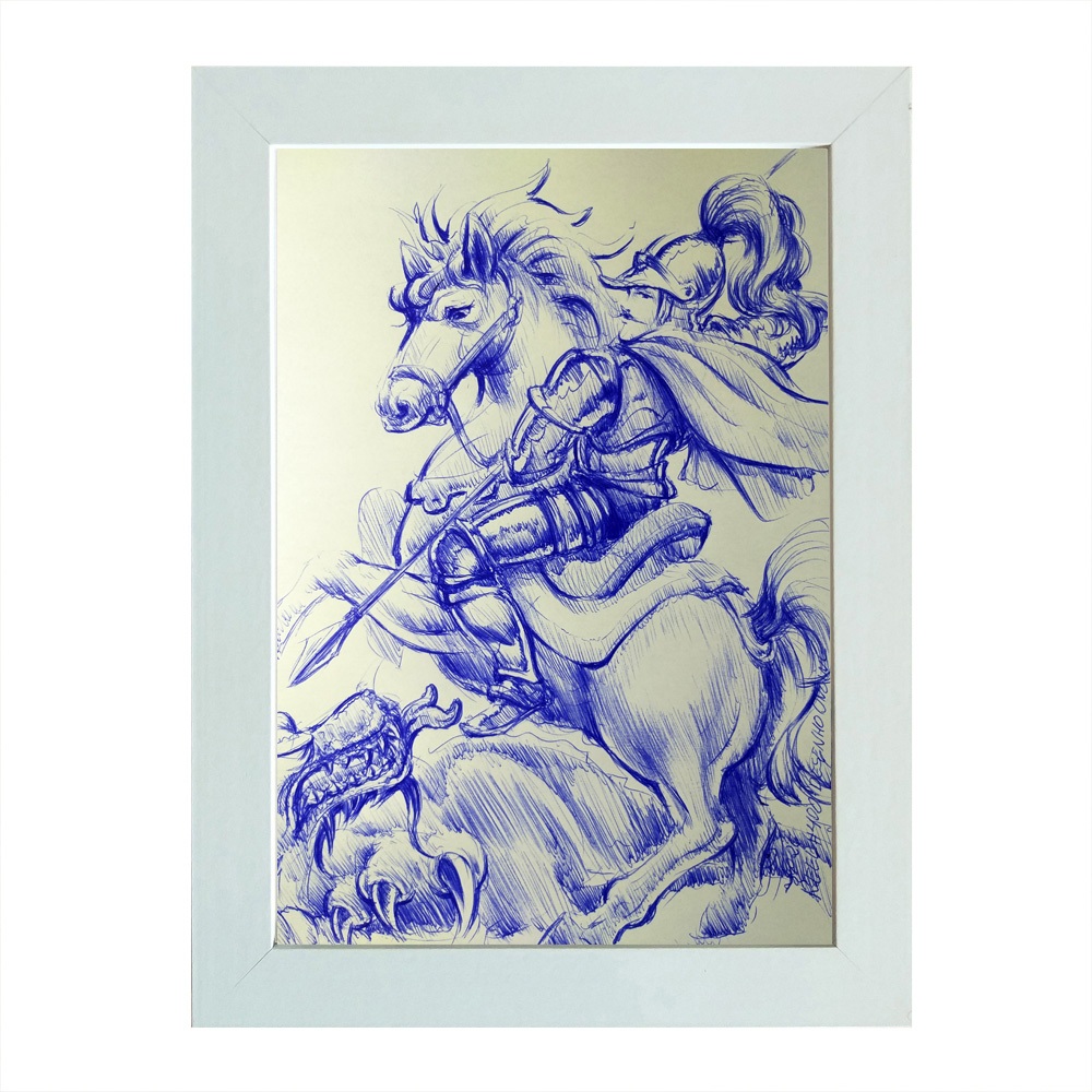 Quadro Desenho Original Caneta Azul São Jorge A5 Moldurado Assinado Arte Original Reel #400