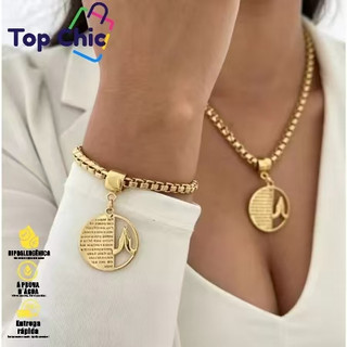 Brilhe com Fé: Conjunto Colar e Pulseira Mãos em Oração Banho Ouro