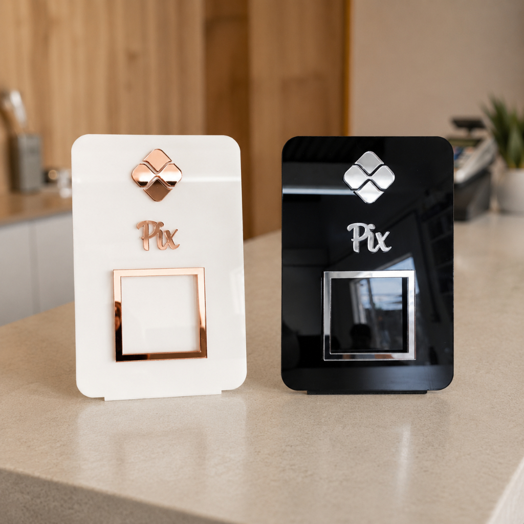Placa Pix Display QRCode De Balcão Mesa em Acrílico Espelhado Porta Pix 10x15cm Para Pagamento