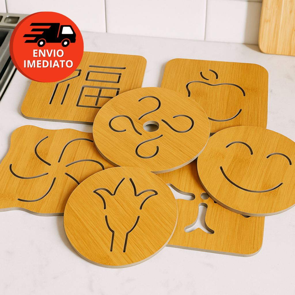 Kit Descanso Panela Bambu Protege Apoio Mesa E Bancada Formato Quadrado Redondo Desenhos Diversos