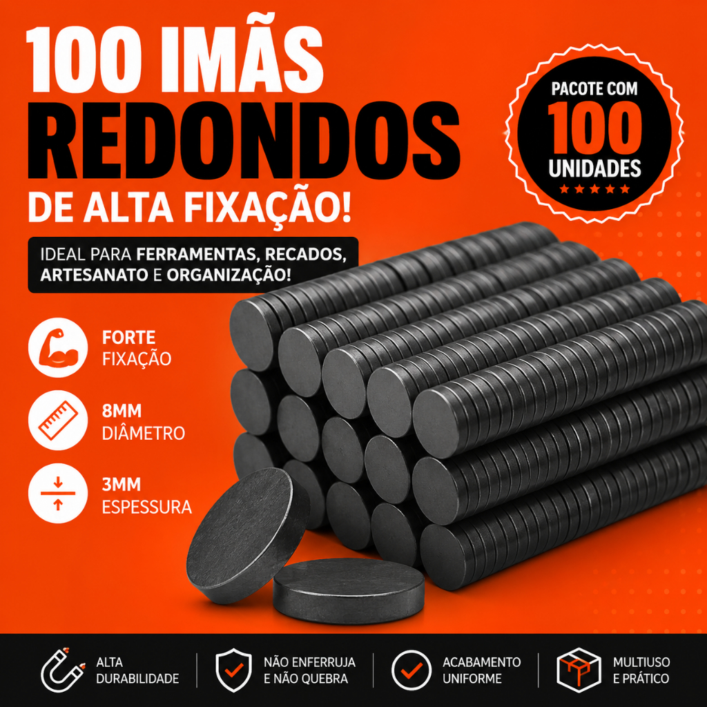 Ímã Redondo Preto Pacote com 100 Unidades em Vários Tamanhos 8mm - NYBC