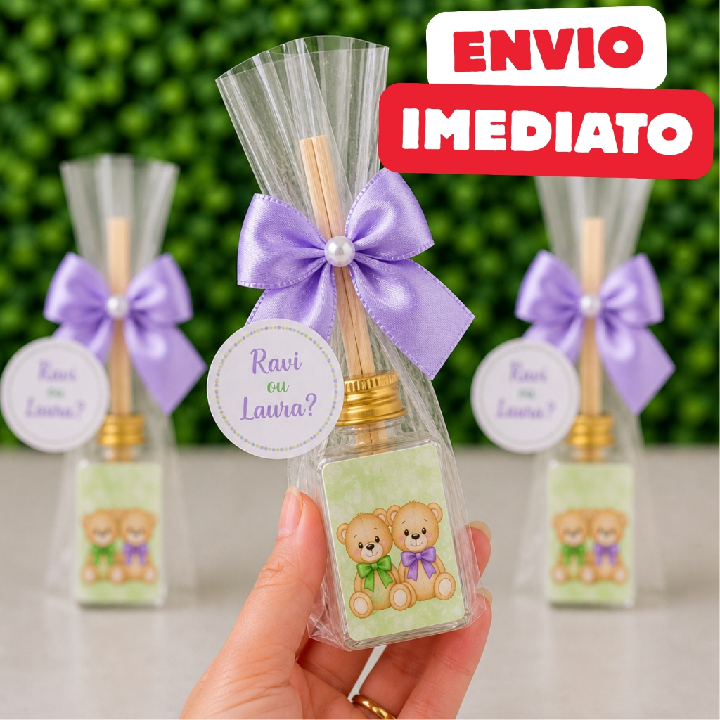 ENVIO RÁPIDO Kit Difusor Ambiente Chá Revelação Bebê Ursinho Verde Lilás Lembrancinha Personalizada