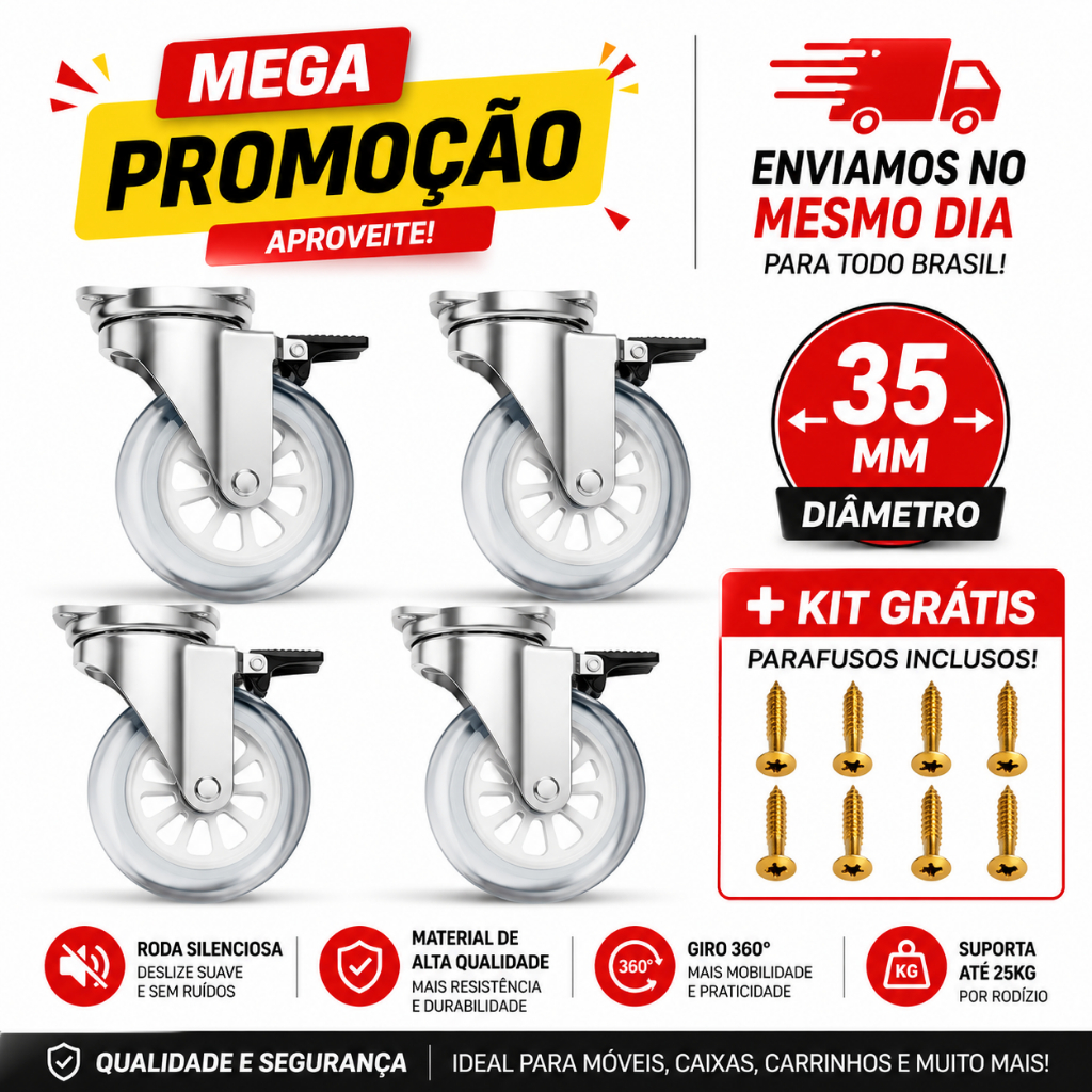 Kit 4 Rodizio 35mm Giratório Rodinha Silicone 2 Com Trava 2 Sem Trava 100kg