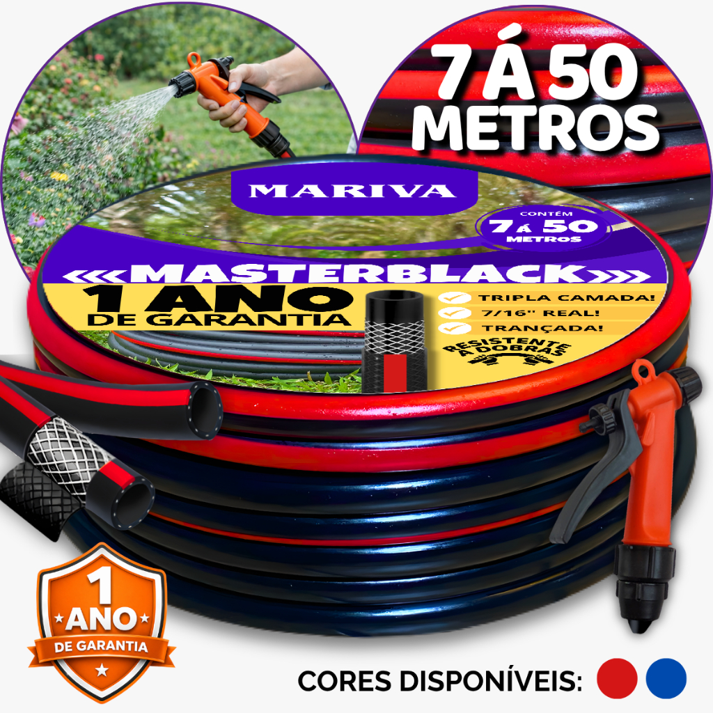 Mangueira Tripla Camada Preta com Tarja e Gatilho 7/16 - 7m á 50m - Reforçada, Trançada, Resistente