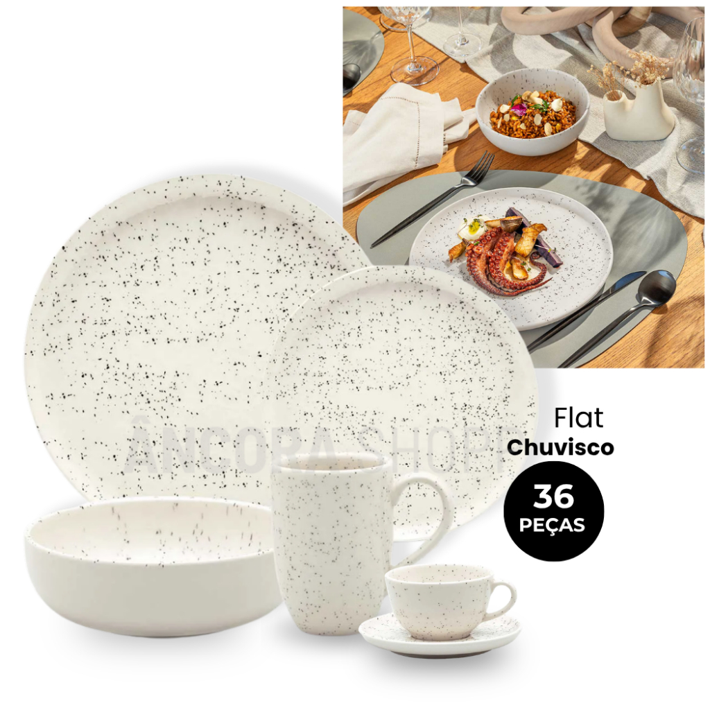 Jogo de Jantar 36 pcs Flat Chuvisco Oxford com Bowl Caneca 360ml Xicara Prato Raso Fundo Sobremesa