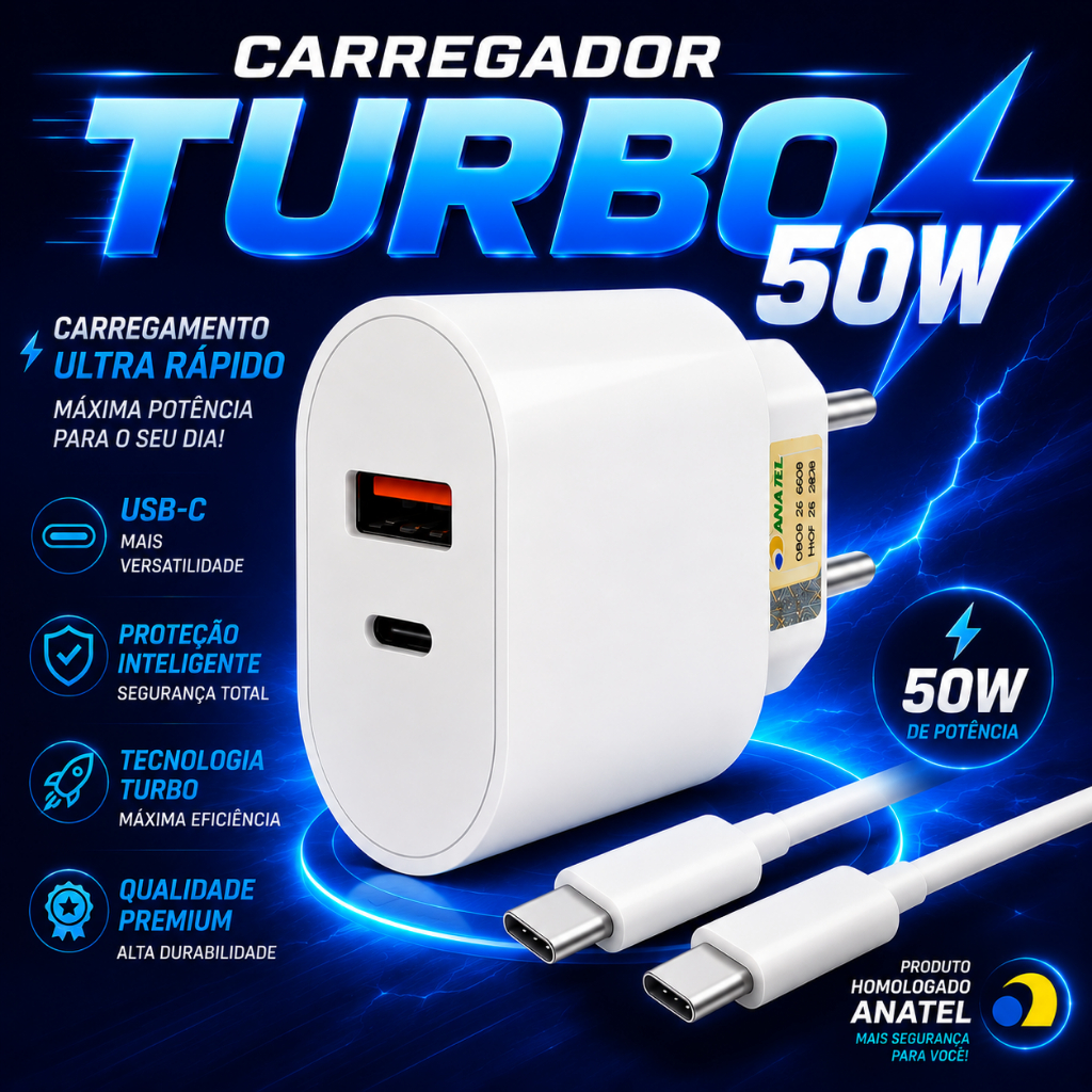 Carregador Turbo 50W USB e USB-C + Cabo USB-C Power Delivery Carregamento Rápido