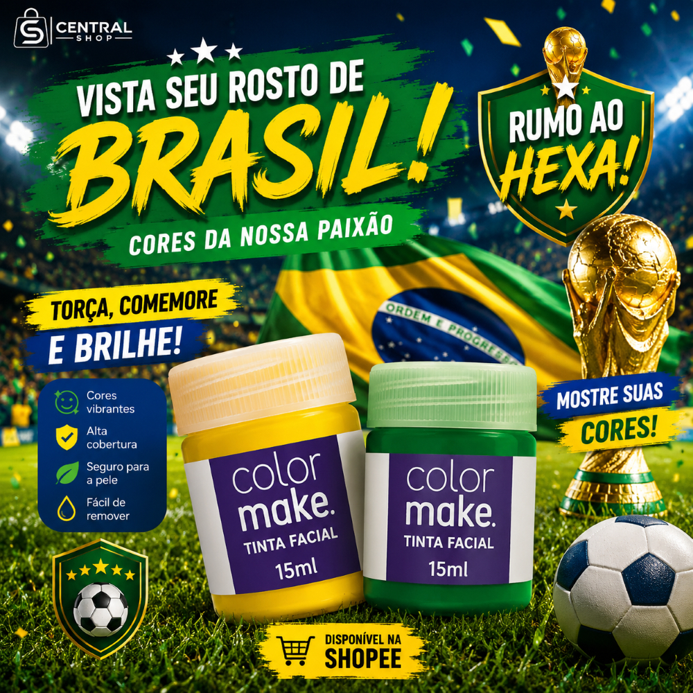 Tinta Facial Brasil Copa do Mundo 15ml Verde e Amarela | Maquiagem para Torcida e Eventos