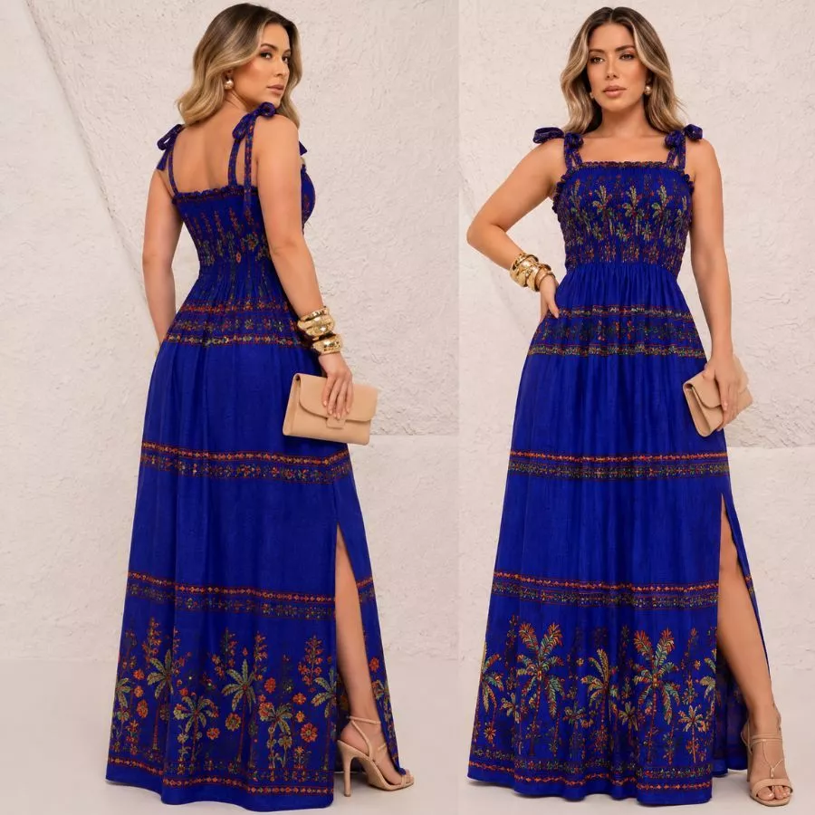 Vestido Longo Estampado Floral Feminino Alcinha Lastex Moda Verão  Casual Confortável — imagem 1
