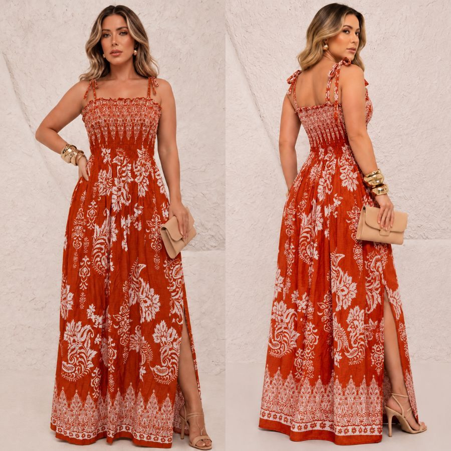 Vestido longo moda cristã feminino em Viscose/Viscolinho casual de alça Muito Lindo com elástico.