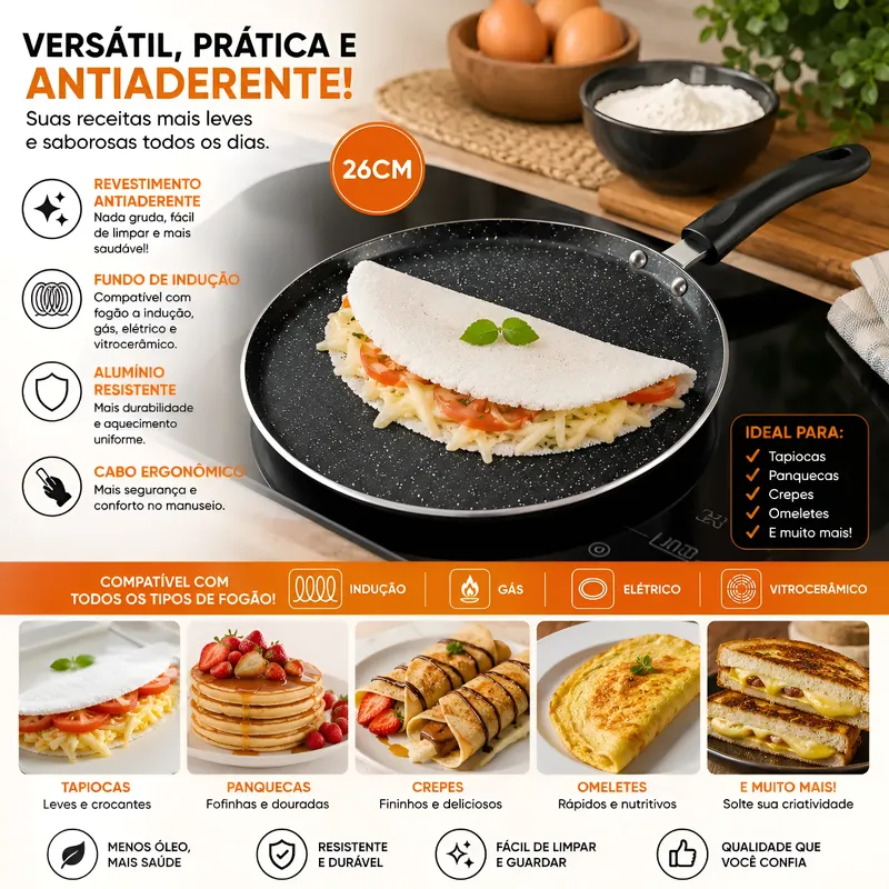 Frigideira Tapioqueira Panquequeira 26cm Antiaderente Indução Para Tapioca Crepe E Panqueca