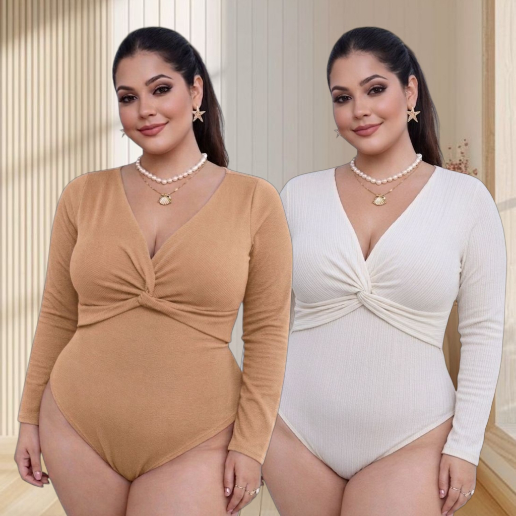 KIT 2 Blusa Feminina Plus Size de Inverno Body Manga Longa Decote Trançado (TAM. ÚNICO 46 ao 50)