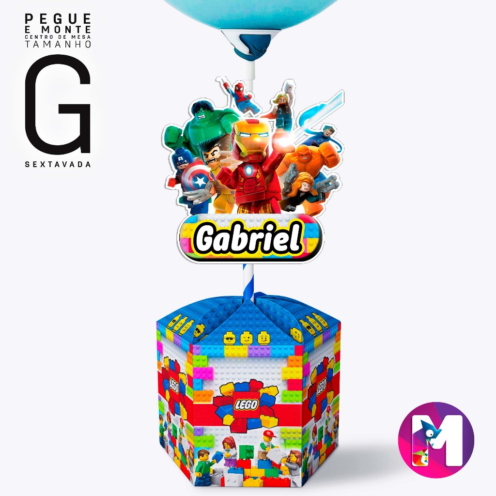 Centro de Mesa LEGO HEROIS  - Caixa Sextavada - Tamanho G - Personalizado (PEGUE E MONTE)