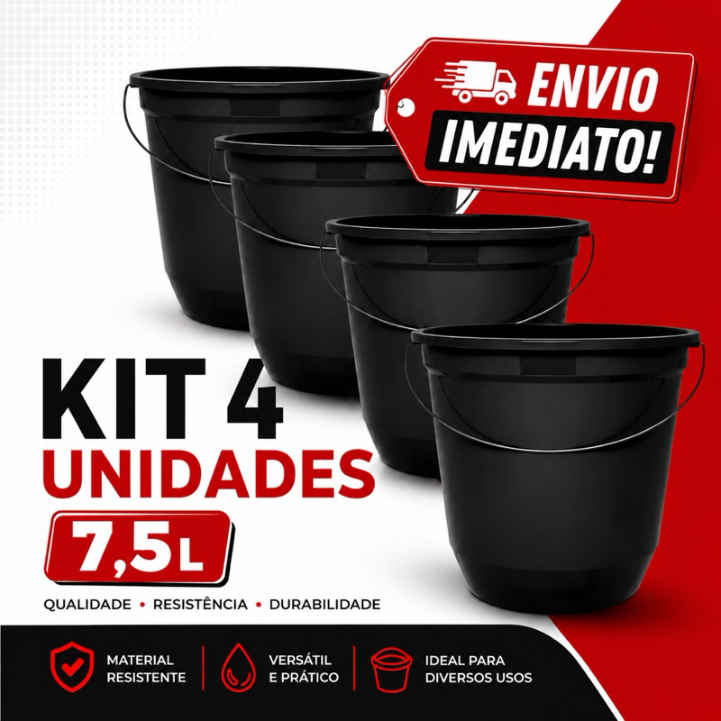 Baldes 7,5L Preto Kit com 4x Reforçado Multiuso Resistente Limpeza Casa Lava Rápido