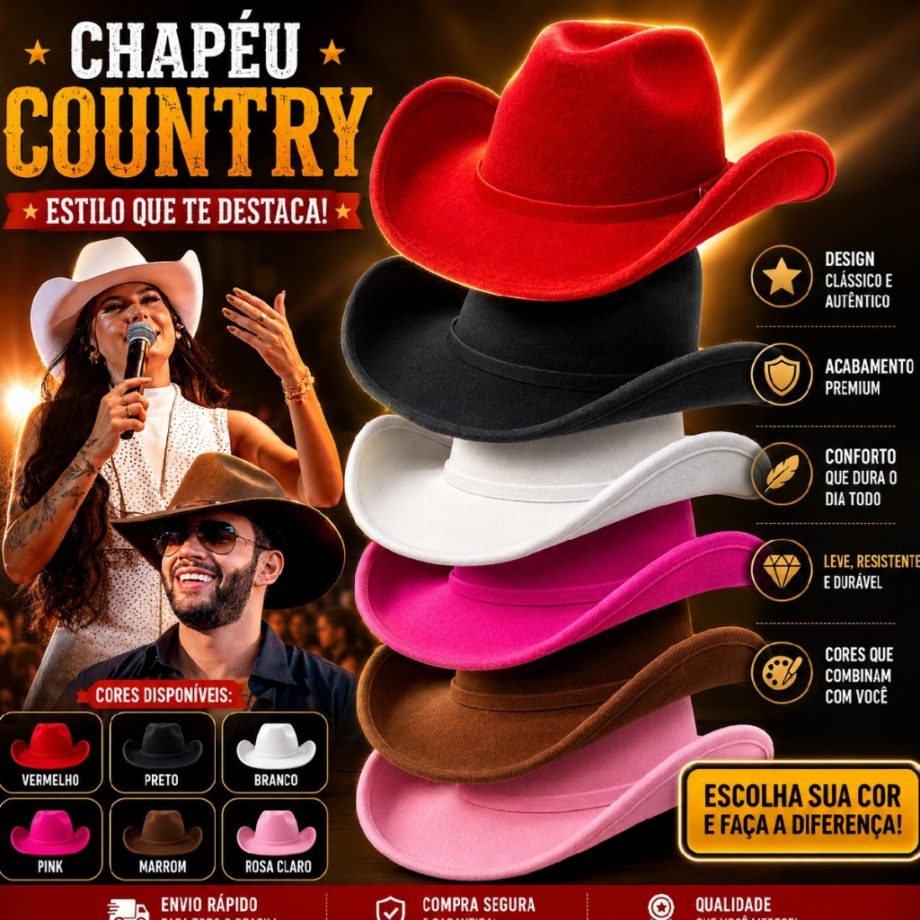 Chapéu Country Cowboy Masculino Feminino Vaqueiro Fantasia Festas Rodeio