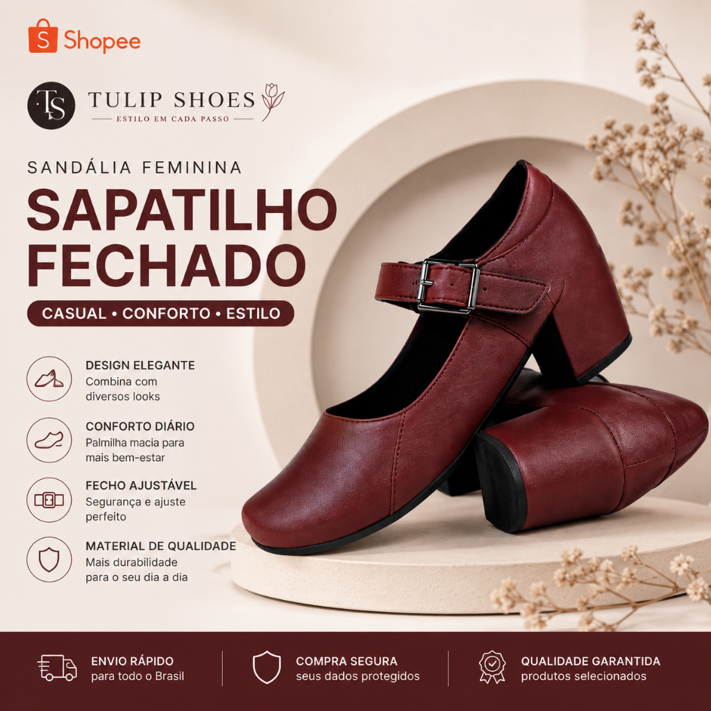 Sandália Feminino Sapatinho Fechado Casual Vermelho Escuro Básico