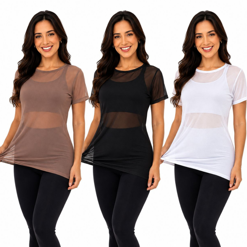 Kit Blusa de Academia Blogueira Tule Transparente  Camiseta Treino Fitness Musculação Blusa leve