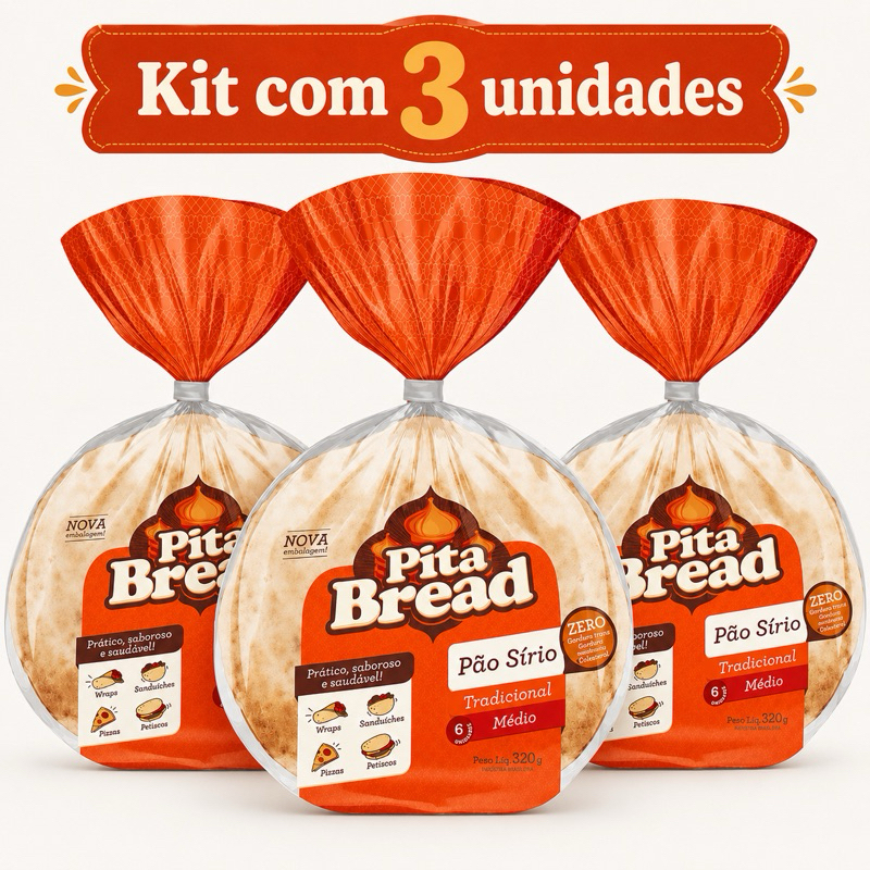 Kit 3 unid. Pão Sírio Médio Tradicional Pita Bread Pacote 320g