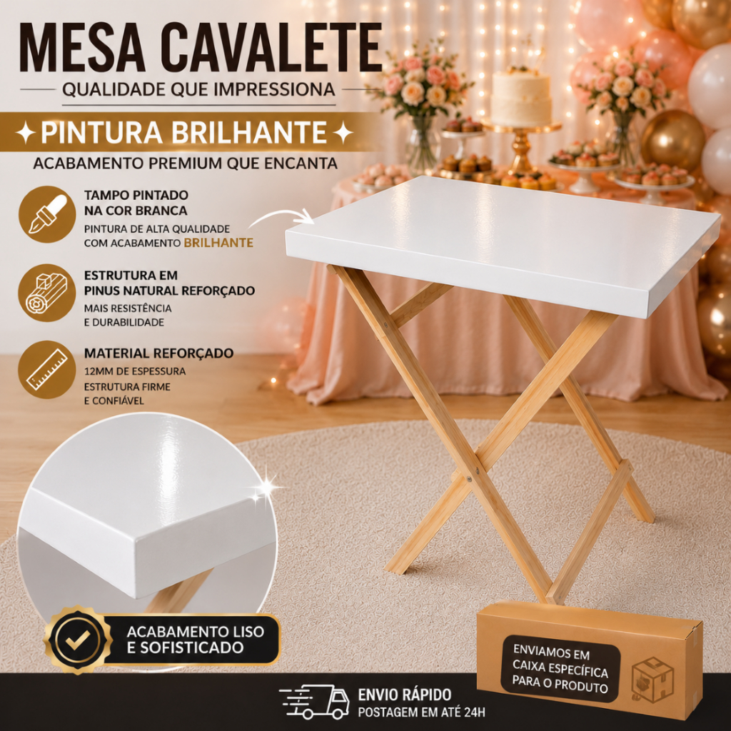 Mesa Cavalete Para Decoração de Festa Em MDF e Pinus Pintada Branca — imagem 2 de 2