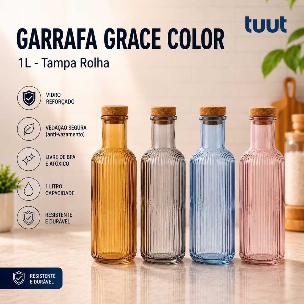Garrafa de Vidro 1 Litro Grace Color c/Tampa Rolha Água Suco Vinho Tuut