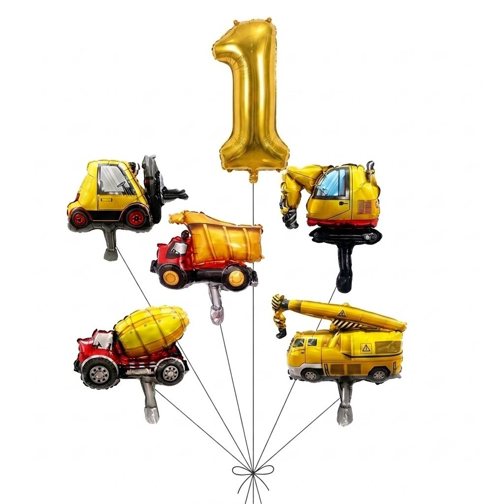 Kit c/6 Balões Carros Construção + 1 Número Dourado 40CM Caminhão Escavadeira Guindaste Empilhadeira