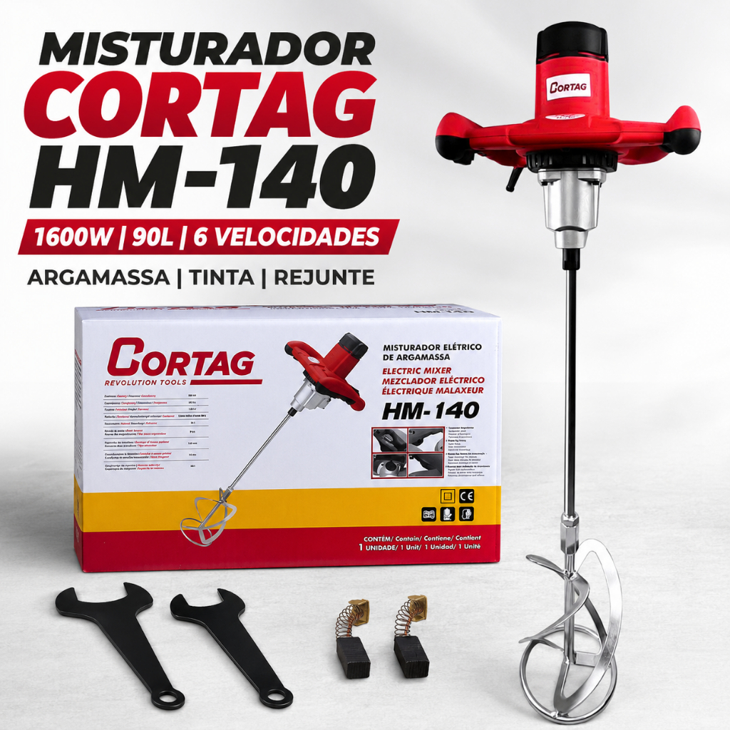 Misturador Elétrico Cortag HM-140 1600W 90L 6 Velocidades M14 para Argamassa Tinta Rejunte