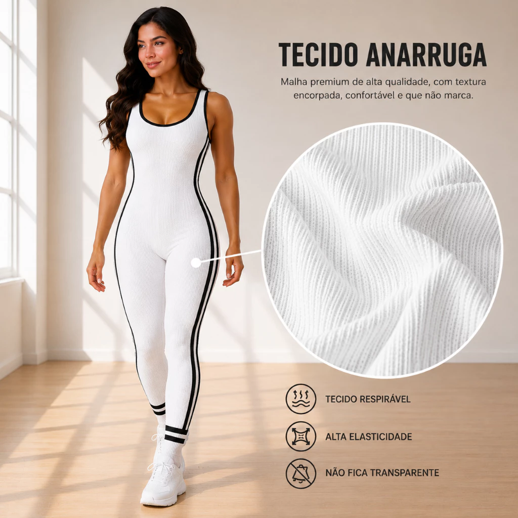 Macacão Feminino Longo Fitness Esportivo Canelado Anarruga com Listra — imagem 1