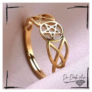 Anel Pentagrama Aço Inoxidável Dourado Pentáculo Místico Dark Wicca Ajustável