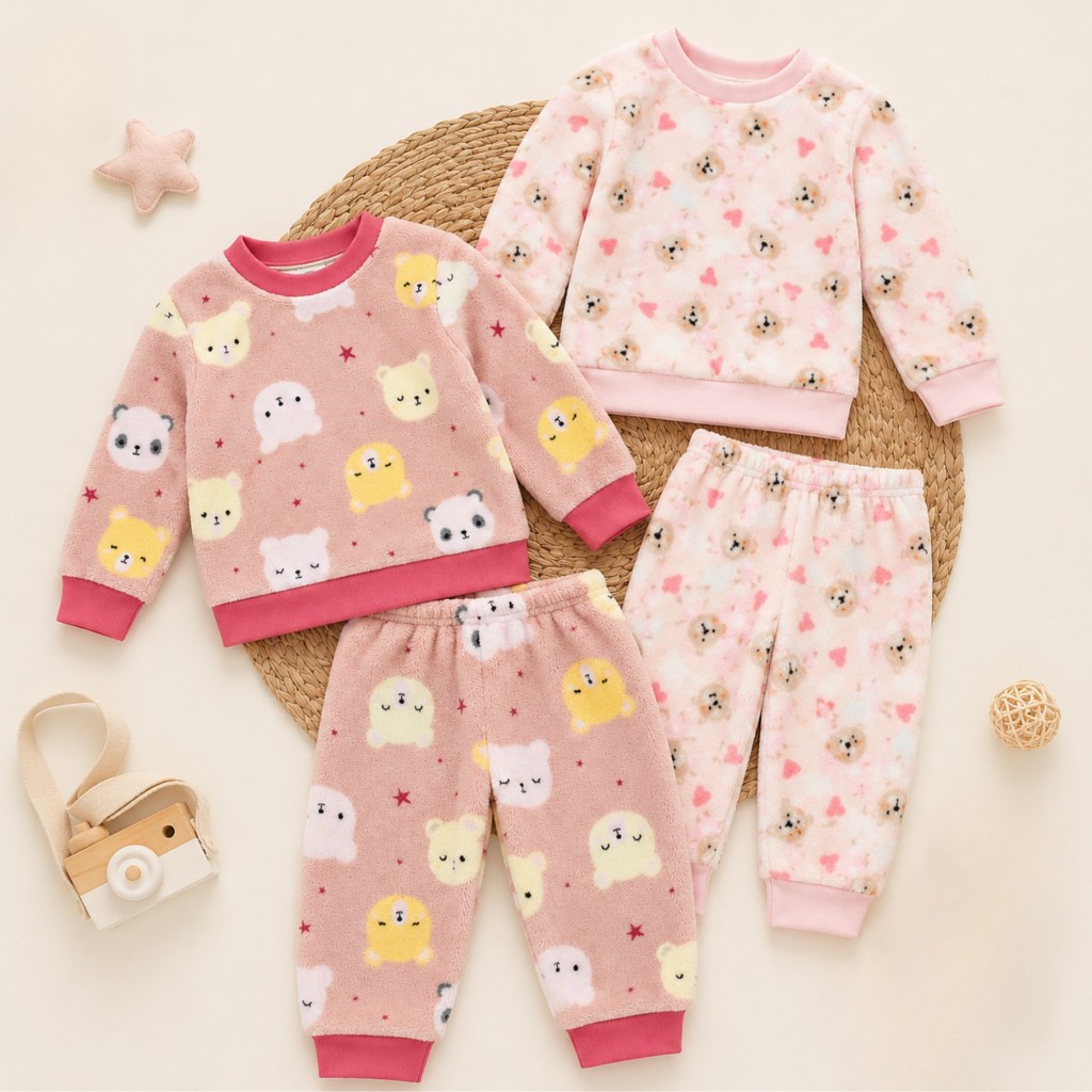 Kit 2 Conjuntos Pijama Fleece Feminino Inverno 4 Peças Peluciado Quentinho Estampas Sortidas