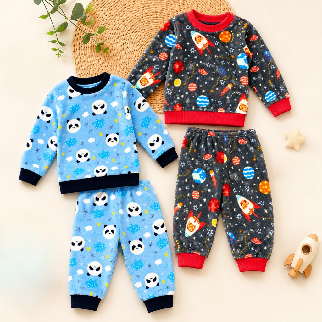 Kit 2 Conjuntos Pijama Fleece Masculino Inverno 4 Peças Peluciado Quentinho Sortido P ao 3 Anos
