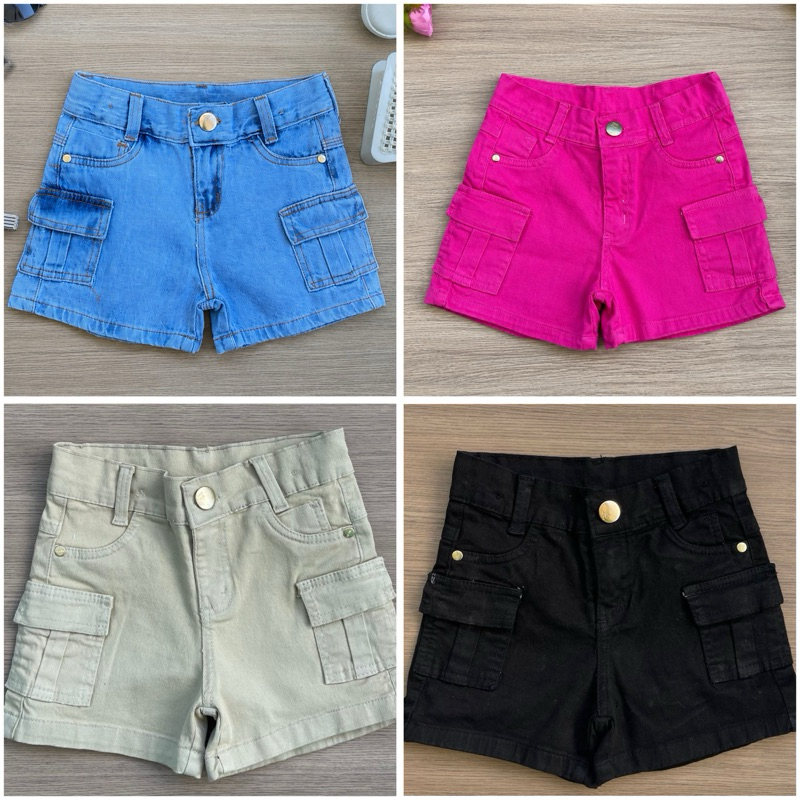 Short Bermuda Verão Feminina Cargo Infantil Juvenil Rosa Claro Branco Preto Bege Jeans Claro Escur