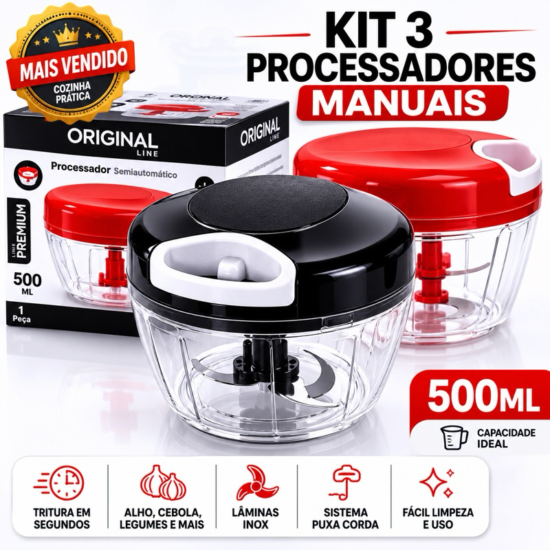 Mini Processador Manual 500ml Triturador De Alho Cebola Temperos 3 Lâminas Kit Com 3