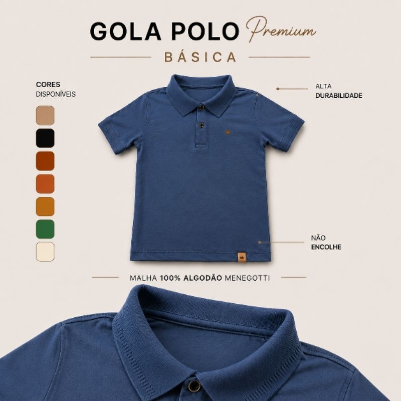 Camisa Gola Polo Infantil Menino - Camiseta 100% Algodão - Blusa com botões - Modelo Slim 2 ao 16