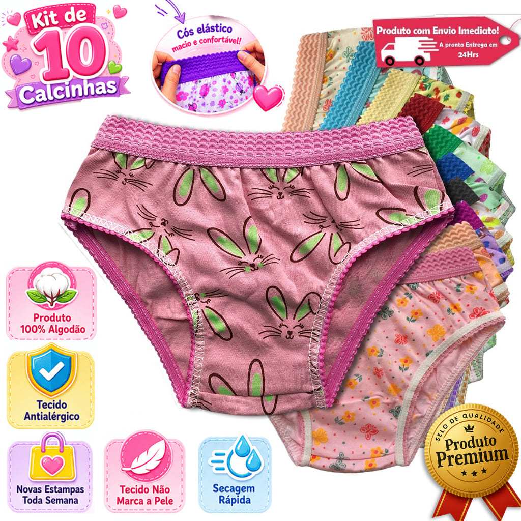 Kit 10 Calcinhas Infantil Estampada Algodão Cós Elástico Menina