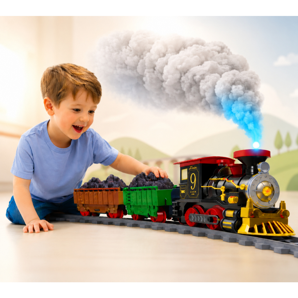 Trenzinho Fumaça Educativo Grande Iinfantil Brinquedo Locomotiva Ferrorama Eletrico Menino Didatico Luz e Som Presente